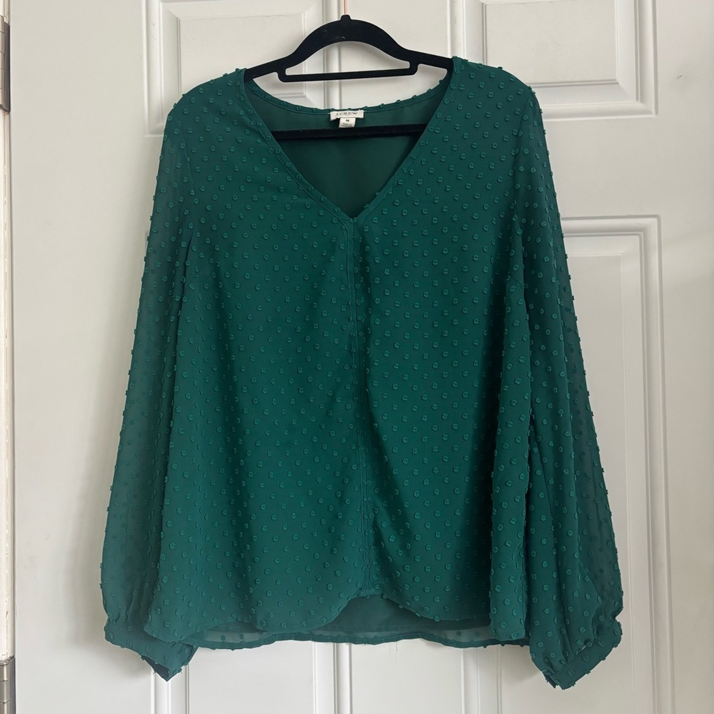 J. Crew V-Neck Clip-Dot Green Blouse, Size Medium